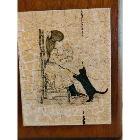 Vintage 1994 Mam Original art wood wall plaque -girl and cat- crackle look - Picture 3 of 6